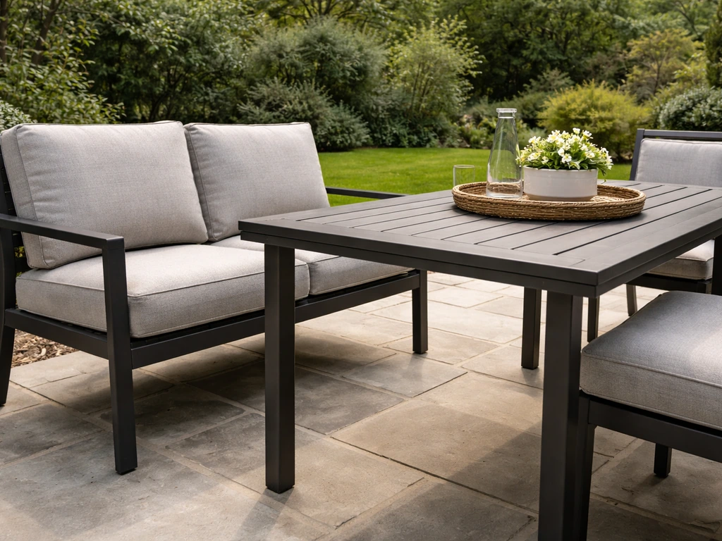 Weather-ready patio dining set with cushioned seating on a stone patio in natural daylight.