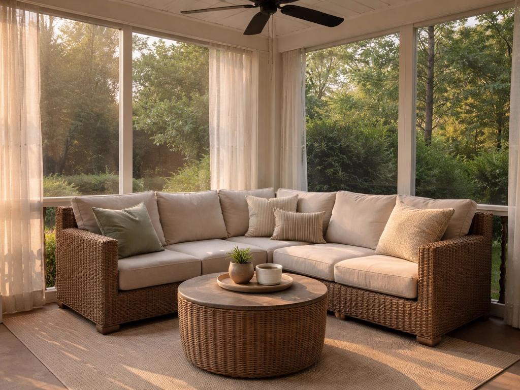Inviting deep-seating patio furniture on a covered screened porch with lush greenery beyond the screen.