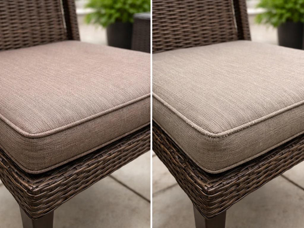 Close-up side-by-side of a fresh and weather-faded outdoor chair cushion fabric.