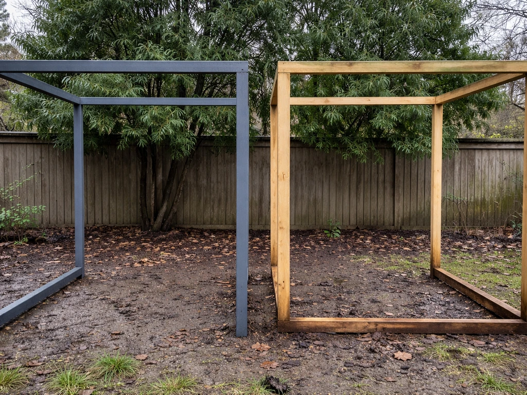 Outdoor patio scene showing a rust-resistant steel garden frame beside a weathered wood frame