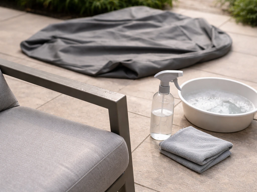 Outdoor furniture seat with cleaning supplies and an open cover for ongoing care.