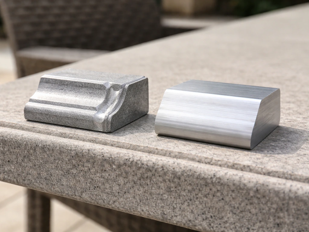 Close-up of cast aluminum patio furniture with visible molded details beside smooth extruded aluminum piece