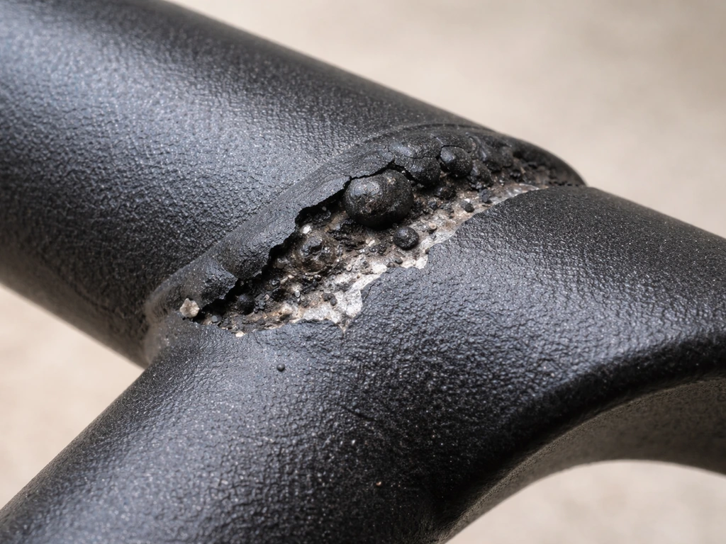 Macro close-up of cast aluminum powder coat peeling and bubbling at a weld seam