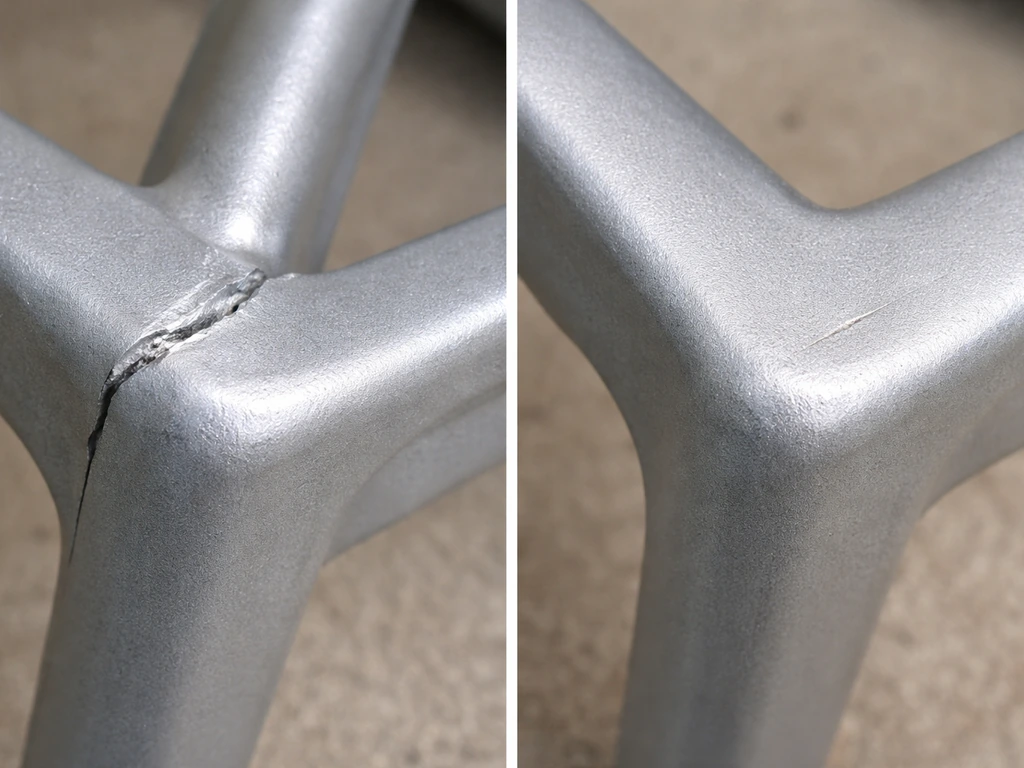 Close-up side-by-side cast aluminum: cracked joint on one side, minor scratch on the other.