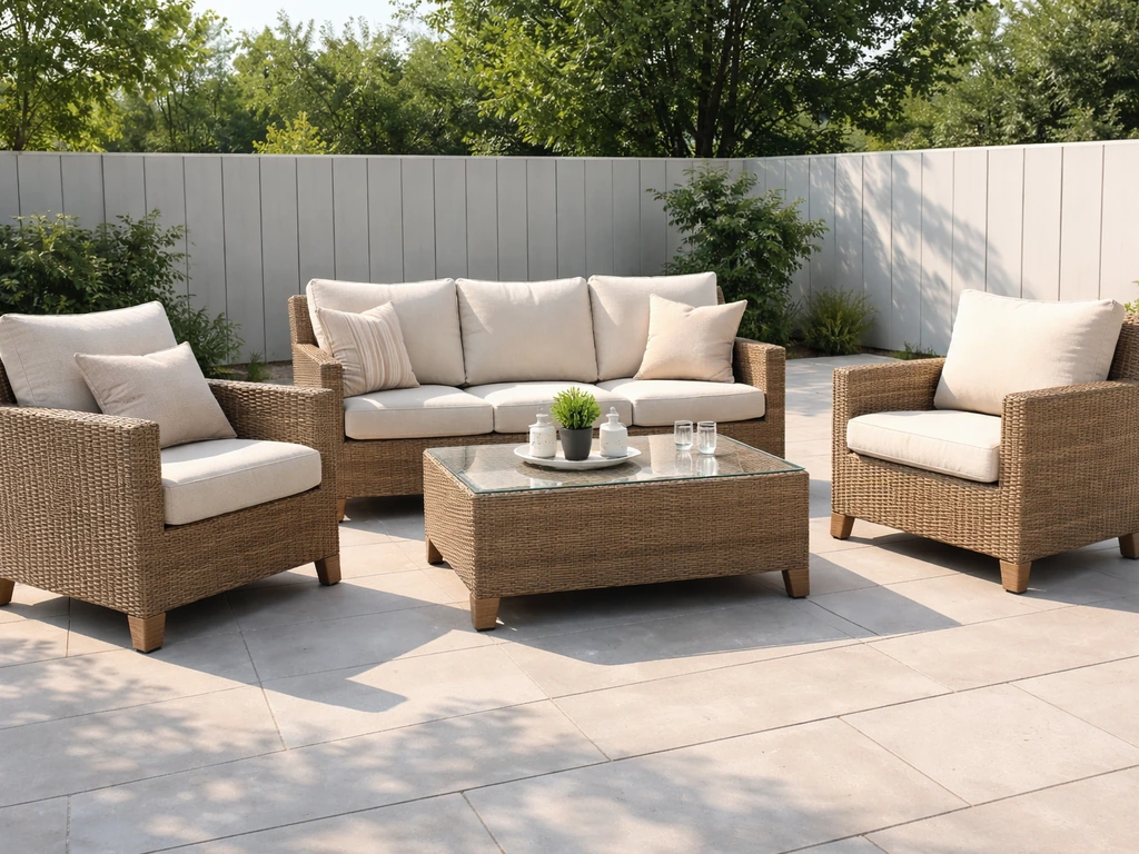 Bright patio with a wicker conversation set and cushioned seating in a clean modern outdoor setting.