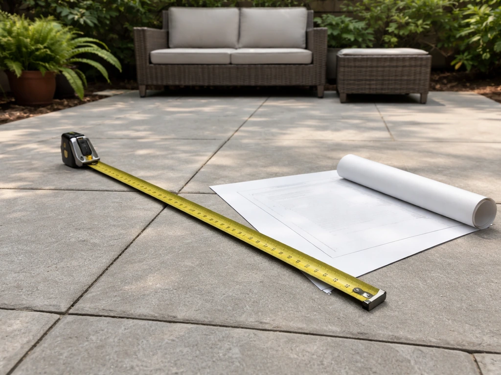 Measuring tape and blank patio layout paper on a backyard patio beside a small patio furniture set.