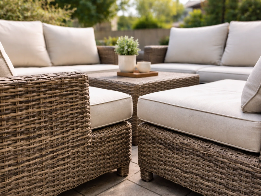 Close-up of a wicker 3–4 piece conversation set on a patio with neatly arranged seat cushions.