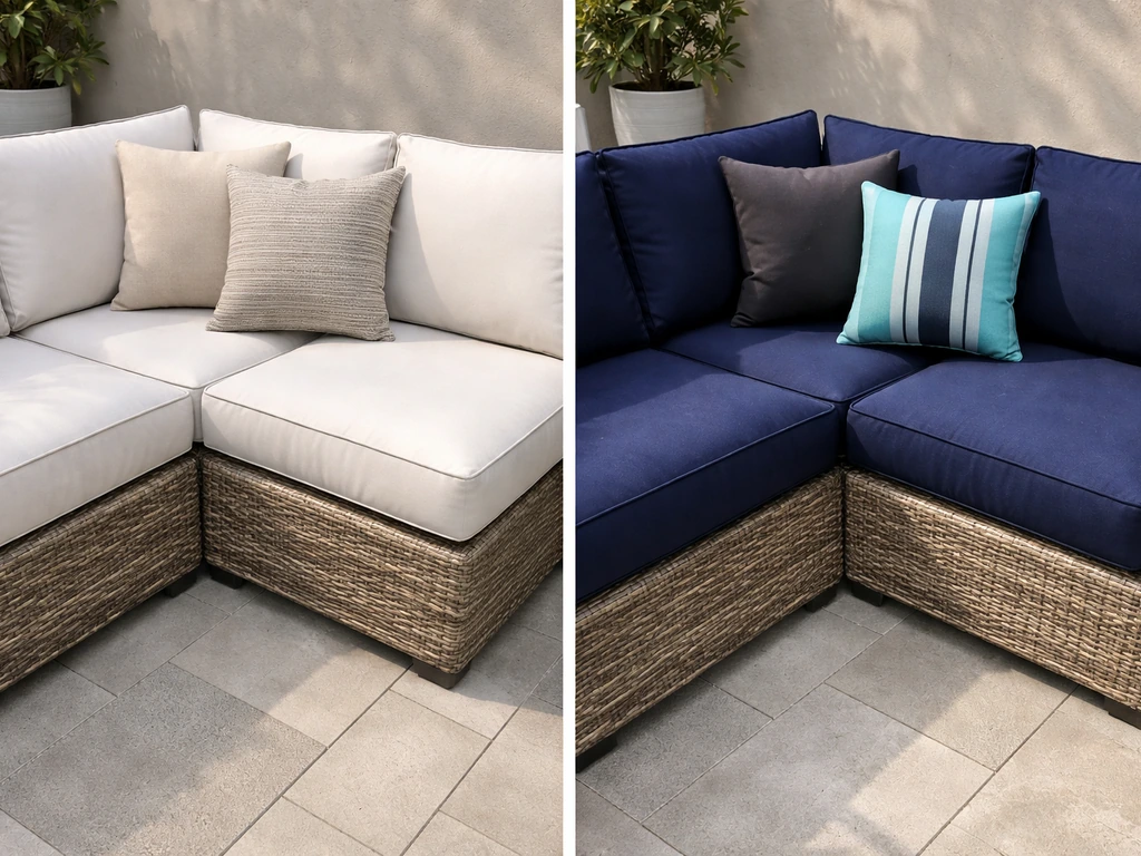 Side-by-side wicker patio cushions in neutral and bold shades, showing weave texture and patio spacing.