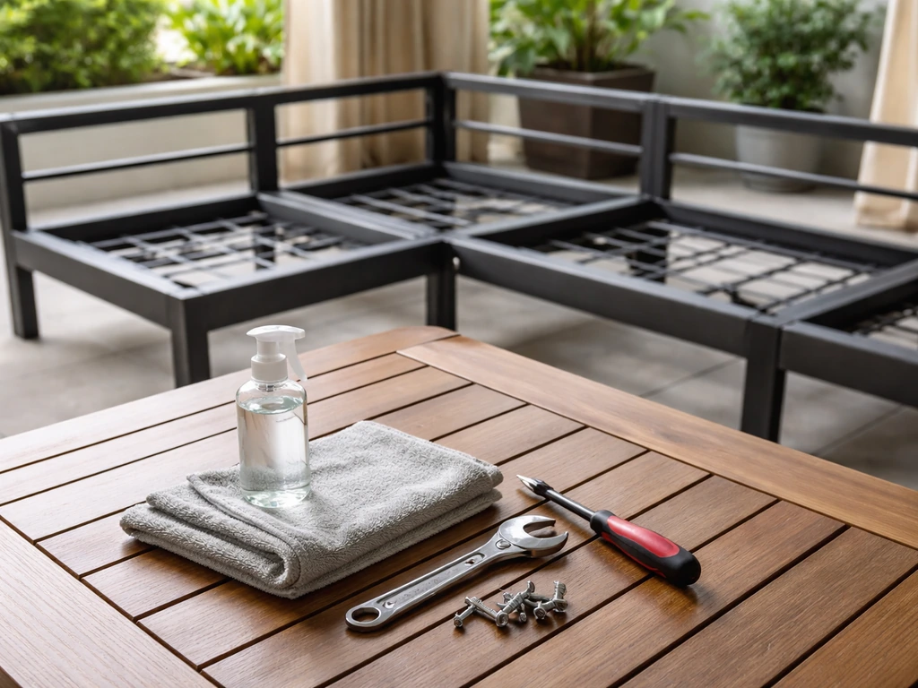 Patio furniture parts, tools, cleaner bottle, and cloth on a table showing assembly and long-term care.
