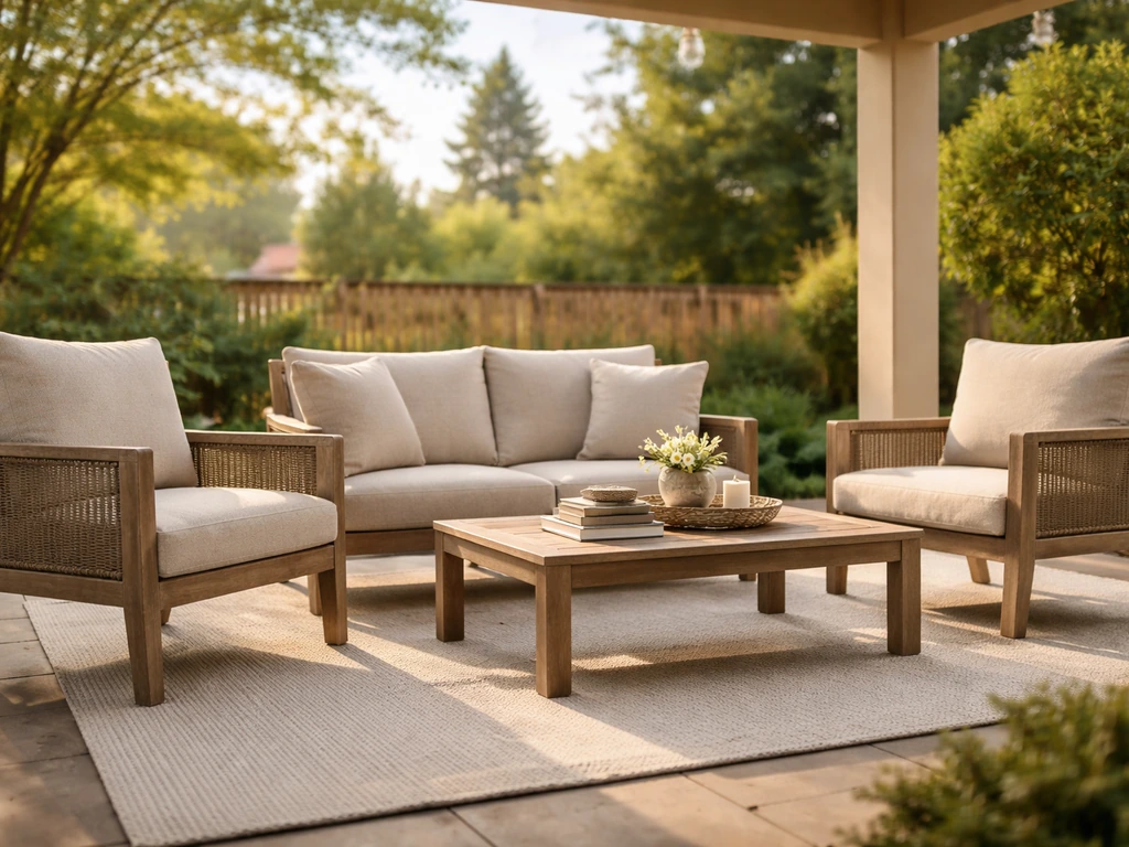 Walker Edison-style outdoor patio conversation set on a covered patio in warm natural light.
