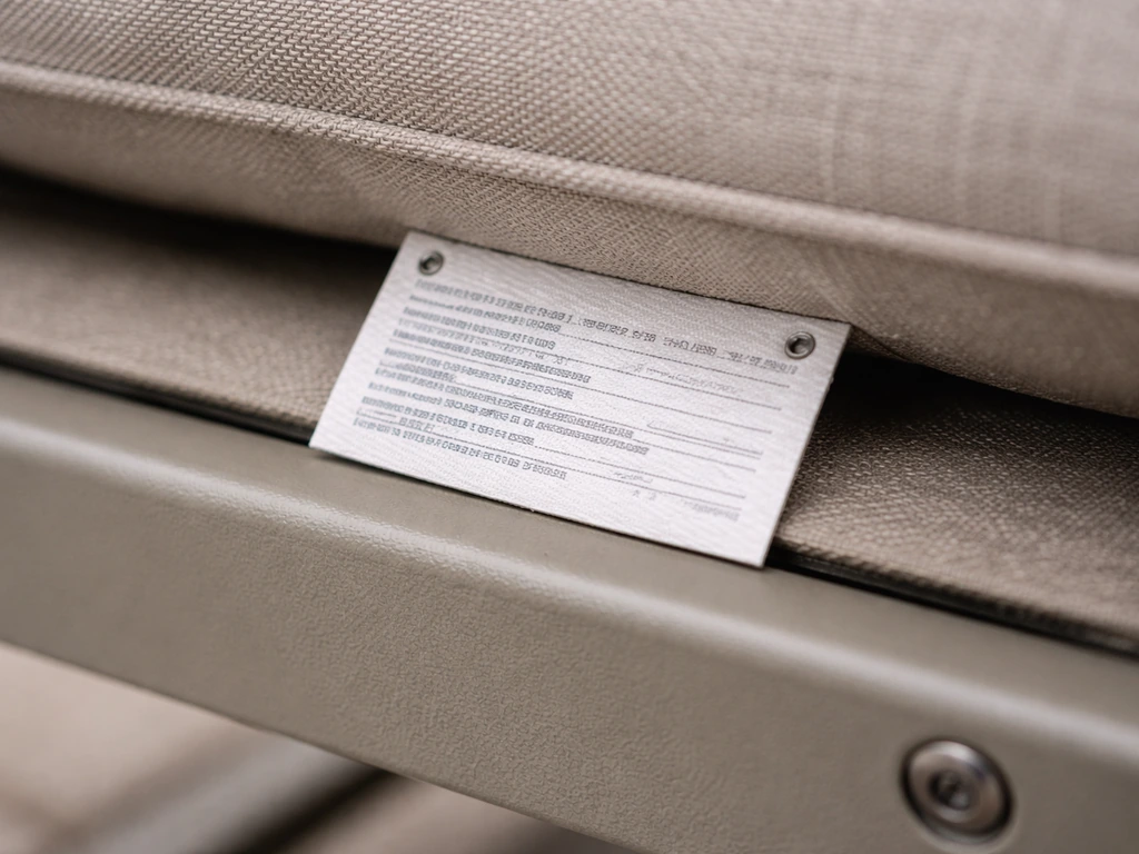 Close-up of a patio furniture product label showing model-number style details on a fabric tag