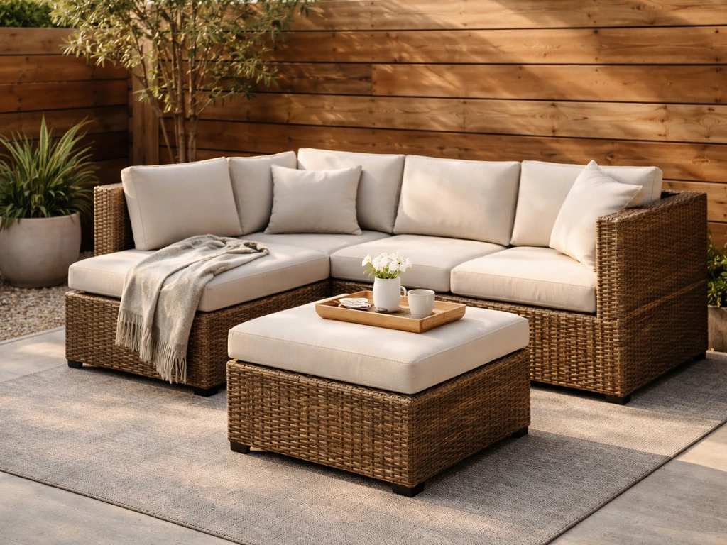 Walker Edison–style wicker modular sectional on a patio, showing woven texture and seating layout.