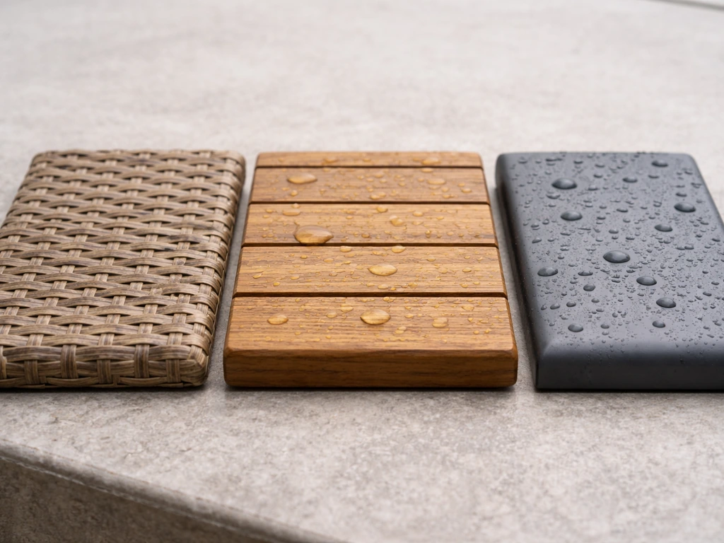 Three close-up product materials for patio furniture: wicker, wood/teak, and metal frames with visible water-bead cues.