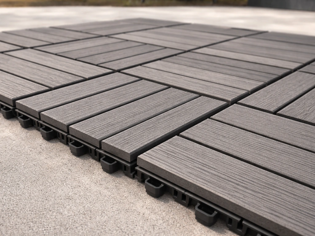 Close-up of interlocking outdoor deck tiles on a patio, showing the floating grid and drainage gaps.