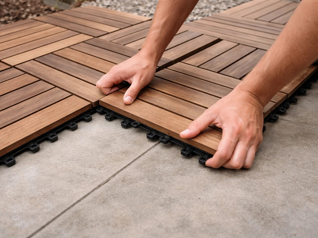 Anonymous hands clicking interlocking outdoor deck tiles together over a clean patio base.