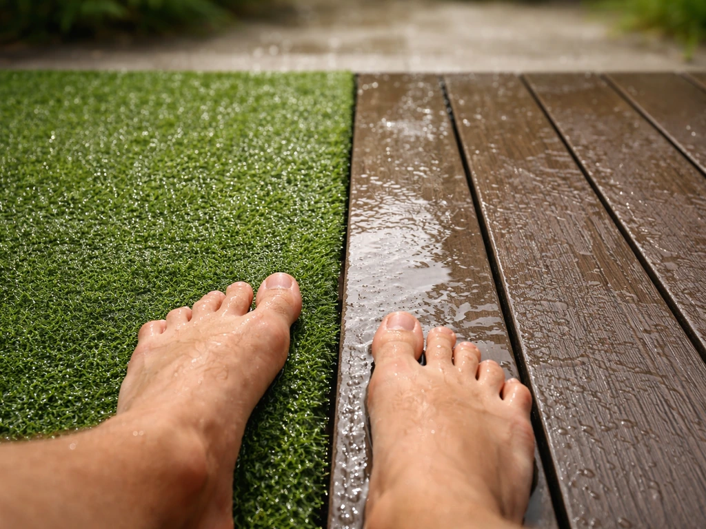 Wet patio with adjacent artificial grass and wood/composite tiles, water sheen showing grip contrast.