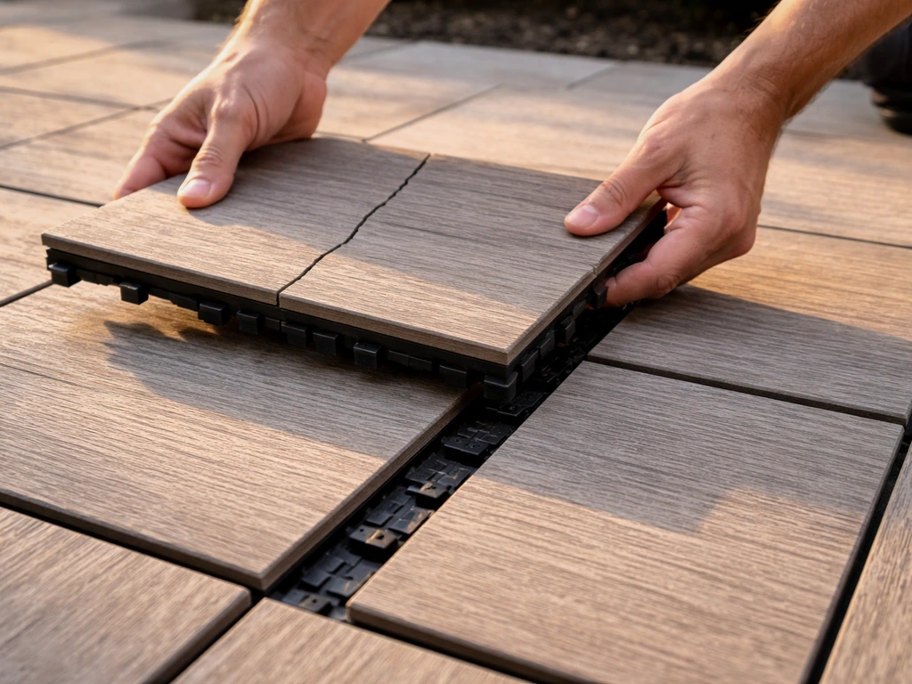 Hands remove a cracked patio deck tile and click in a replacement into the tile grid.