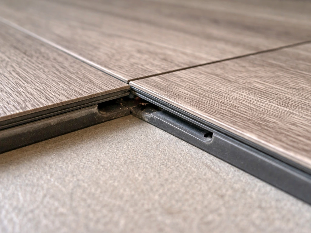 Close-up of interlocking floor tiles with partially lifted edges and visible connector areas.