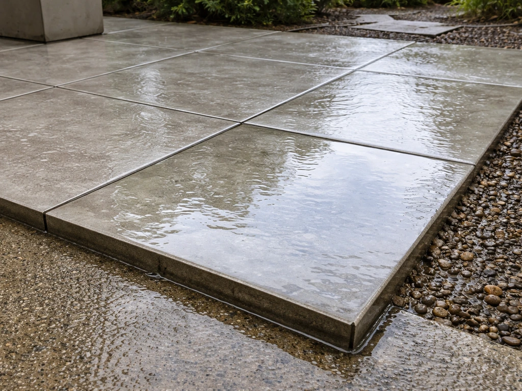 Outdoor tile area with standing water pooled around a slightly uneven base