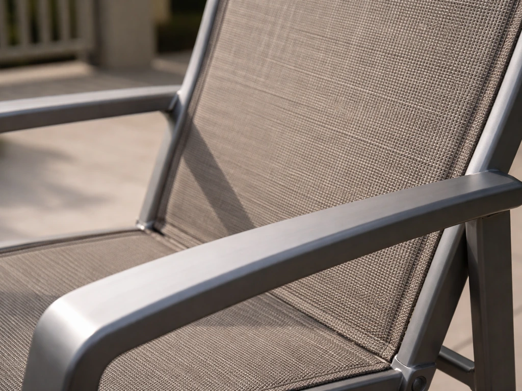 Closeup of an aluminum-framed sling patio chair showing weather-ready fabric texture.