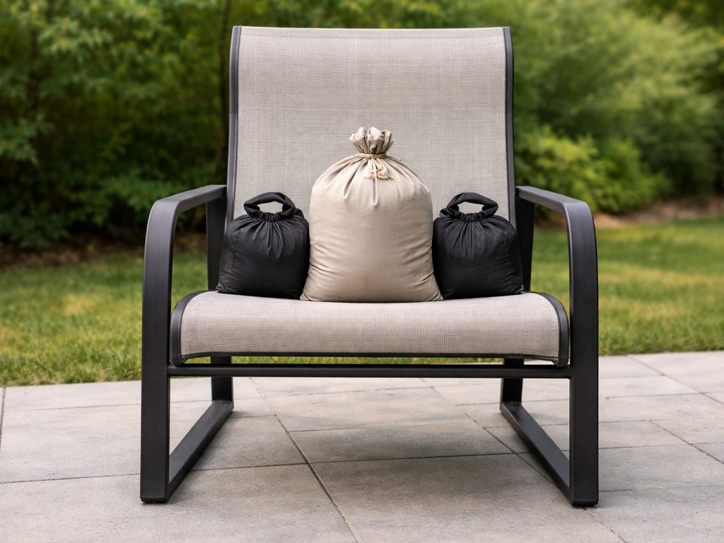 Sling stack chair with weighted bags resting firmly on the seat, showing stable structure and no wobble.