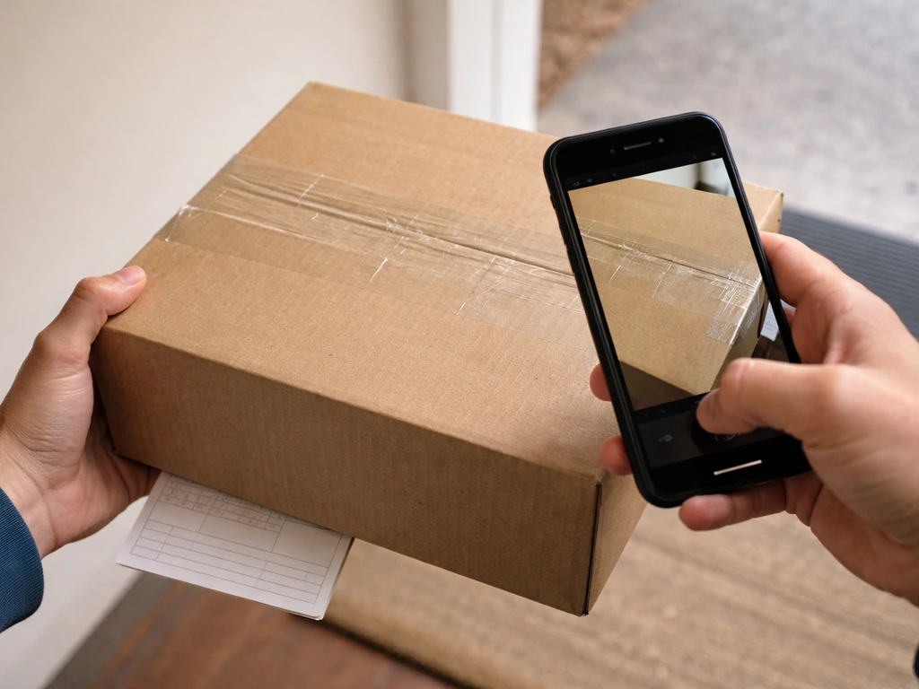 Person inspecting a delivery box with re-taped seams and taking a quick photo before signing.