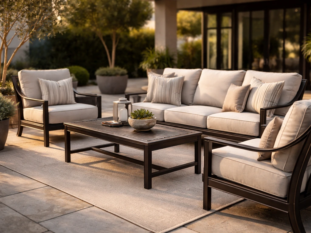 Luxury outdoor patio with a premium aluminum deep-seating dining set, cushions, and warm natural light.