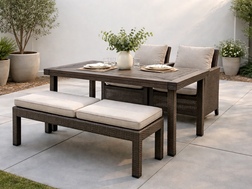 Minimal backyard patio with a modern outdoor dining set and neutral cushions, softly lit by natural light.