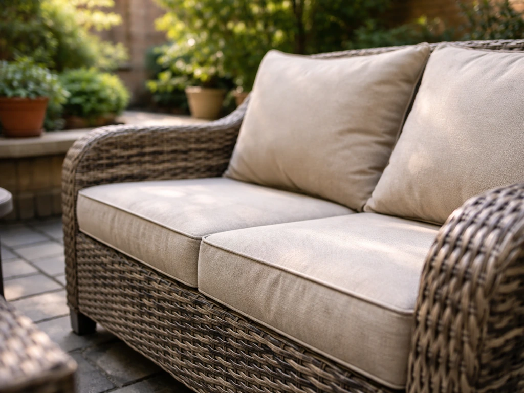 Close-up of woven resin wicker patio chair with cushions outdoors in a brick courtyard setting