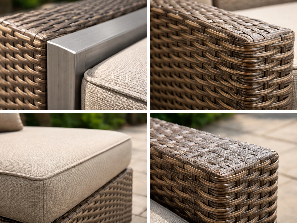 Close-up of wicker patio furniture details: aluminum frame, tight weave, thick quick-dry cushions, weather finish