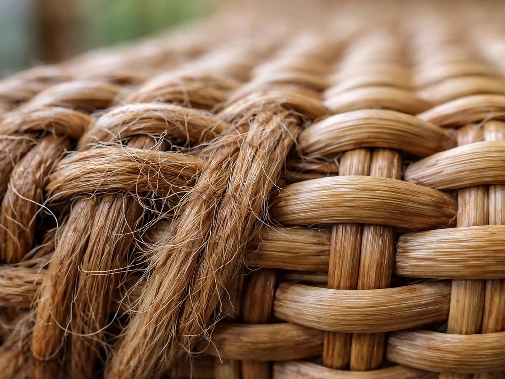 Close-up of natural wicker strands with rough, dry fibers beside a cleaner, protected section.