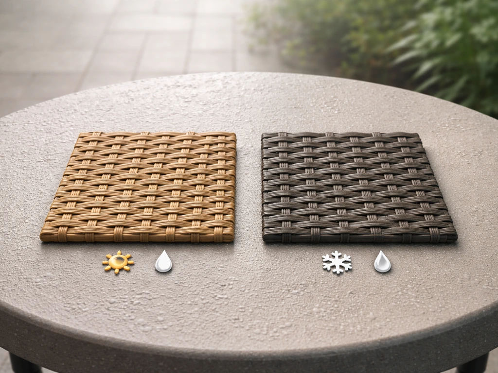 Outdoor patio furniture setting with two swatches—natural rattan and synthetic HDPE wicker—shown side by side in natural
