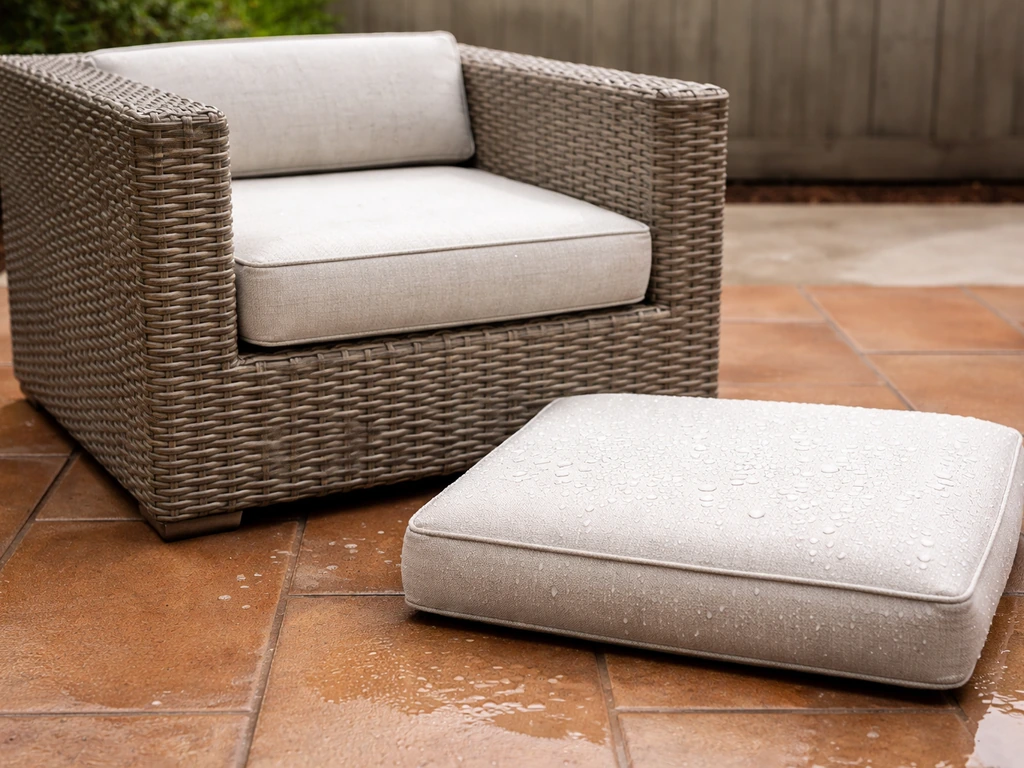 Damp cushion and intact synthetic wicker armchair section on a patio, showing weather-resistance testing.