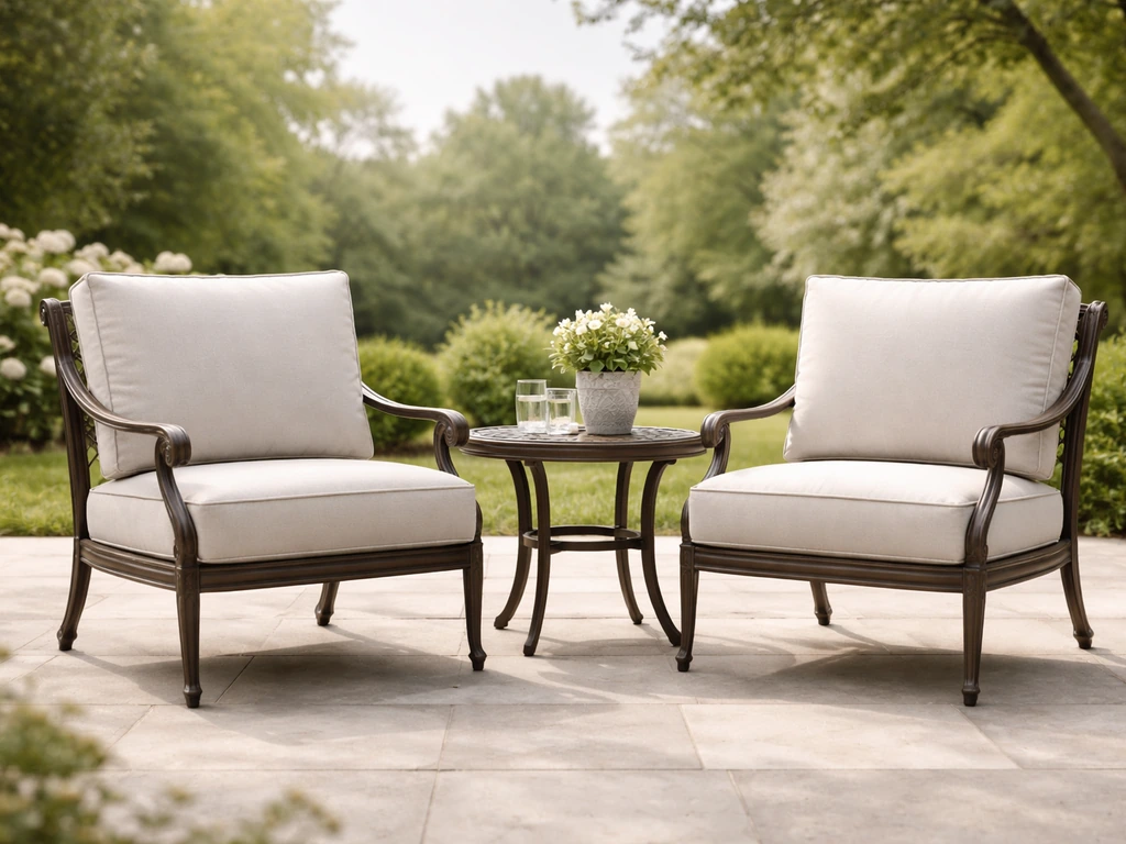 Inviting patio seating set with wrought iron or cast aluminum frames and neutral cushions in bright outdoor light.