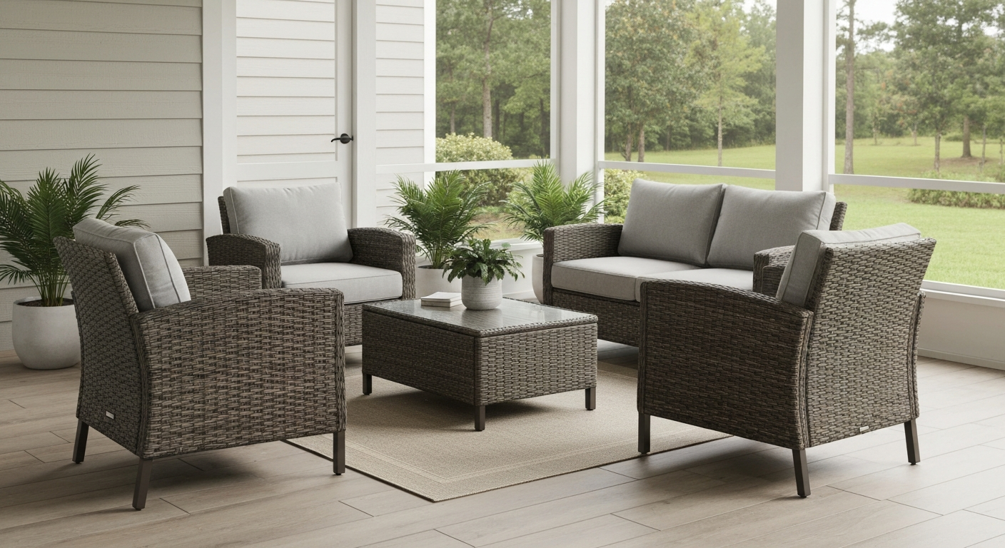 PE resin wicker patio conversation set with gray cushions and powder-coated dark bronze frame on a covered porch (hero image)