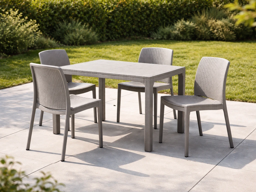 Sunny outdoor patio dining set with resin chairs and table in a tidy backyard yard