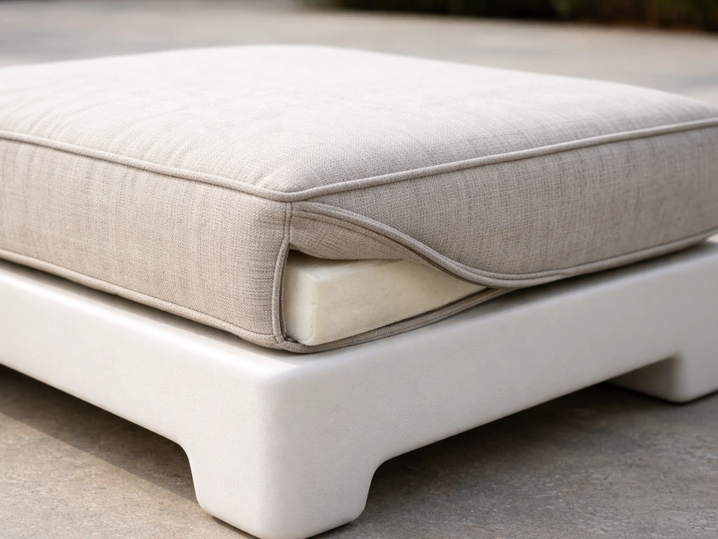 Close-up of an outdoor modular sofa cushion with foam core and polyester cover on a fiberglass resin frame