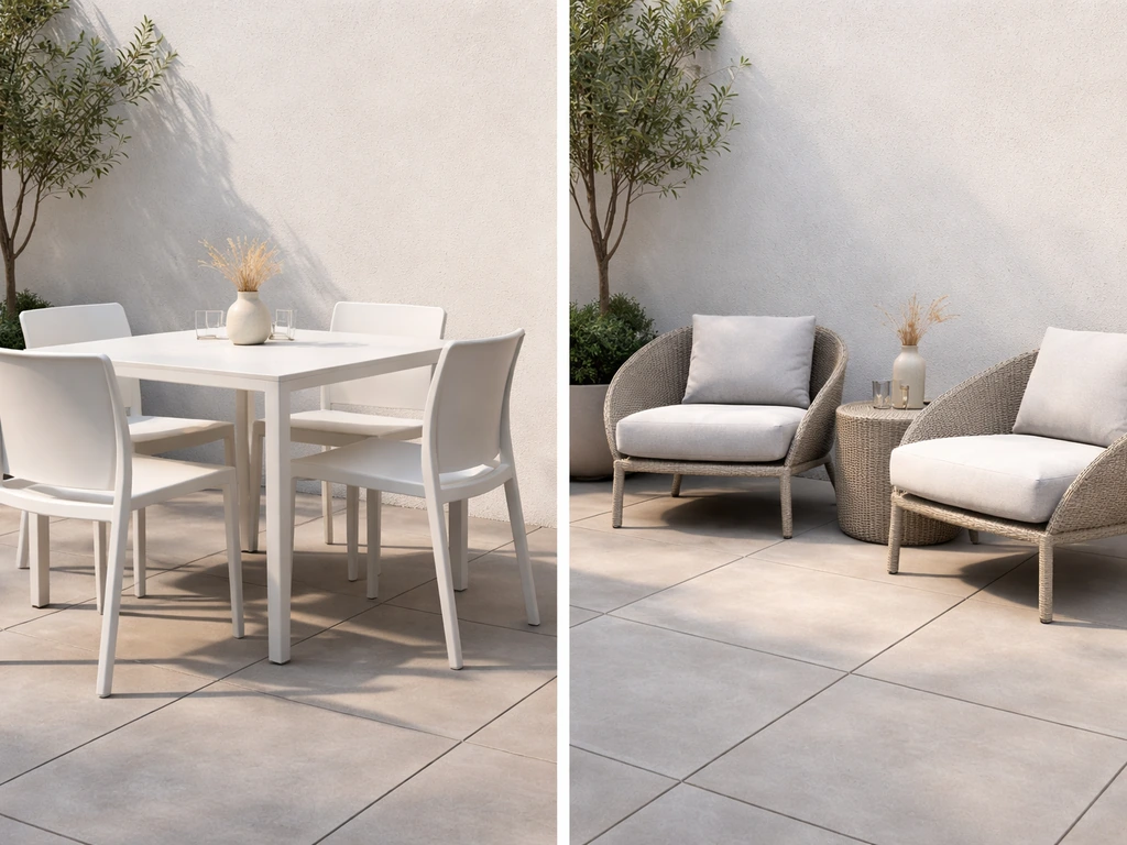 Two contrasting chair styles: clean monobloc stackable seats vs a relaxed lounge-style chair layout.