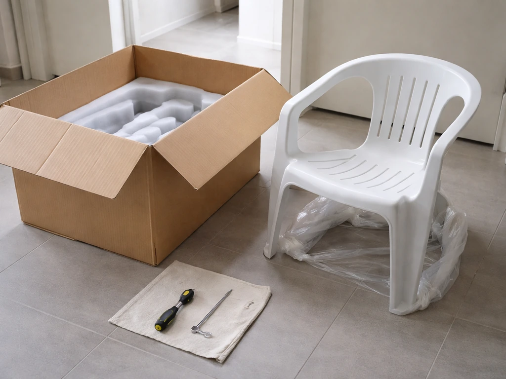 Open delivery box with a resin chair part and a couple assembly tools on a clean floor.