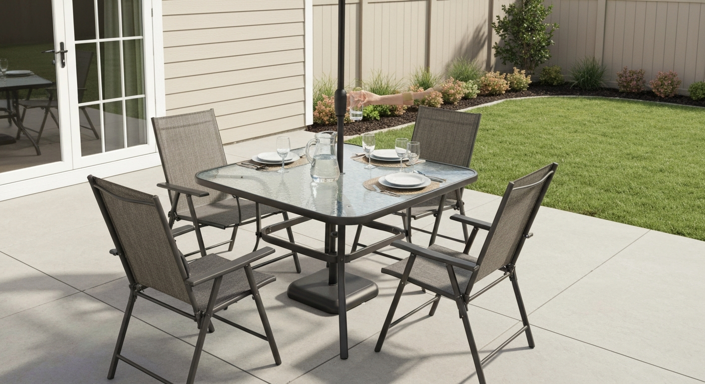 Assembled Mainstays Albany Lane 6-piece outdoor patio dining set (square glass table, four sling chairs, open umbrella) on a backyard patio, staged with simple tableware.