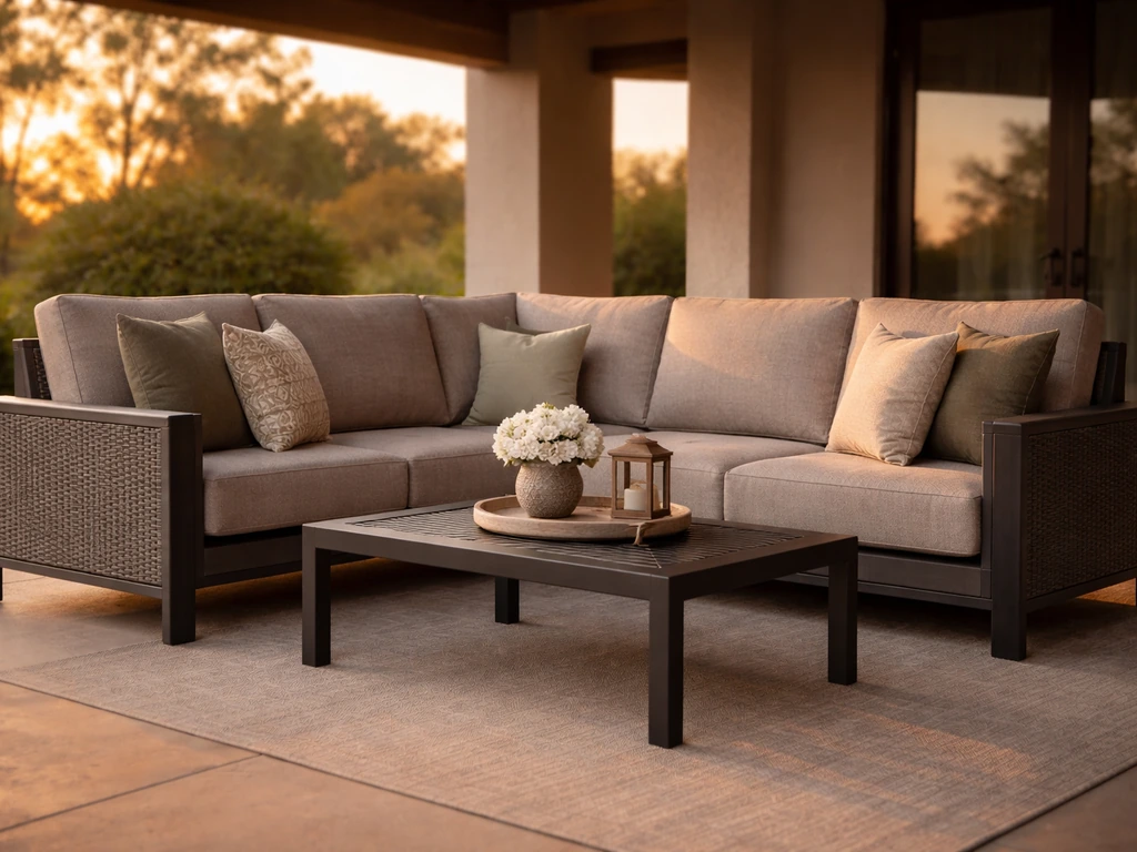 Sunset West-style patio furniture set on a covered patio at golden hour, showing cushion fabric and frame finish.