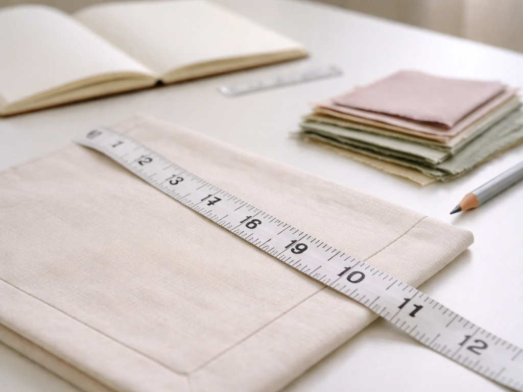 Close-up of measuring tape across a cushion template with fabric swatches and a blank notebook nearby.