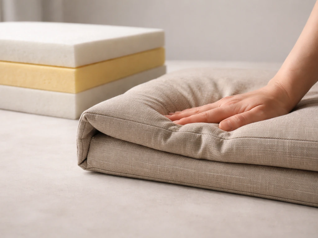 Close-up of layered foam cushion inserts and a fabric-covered cushion being gently pressed to test support.