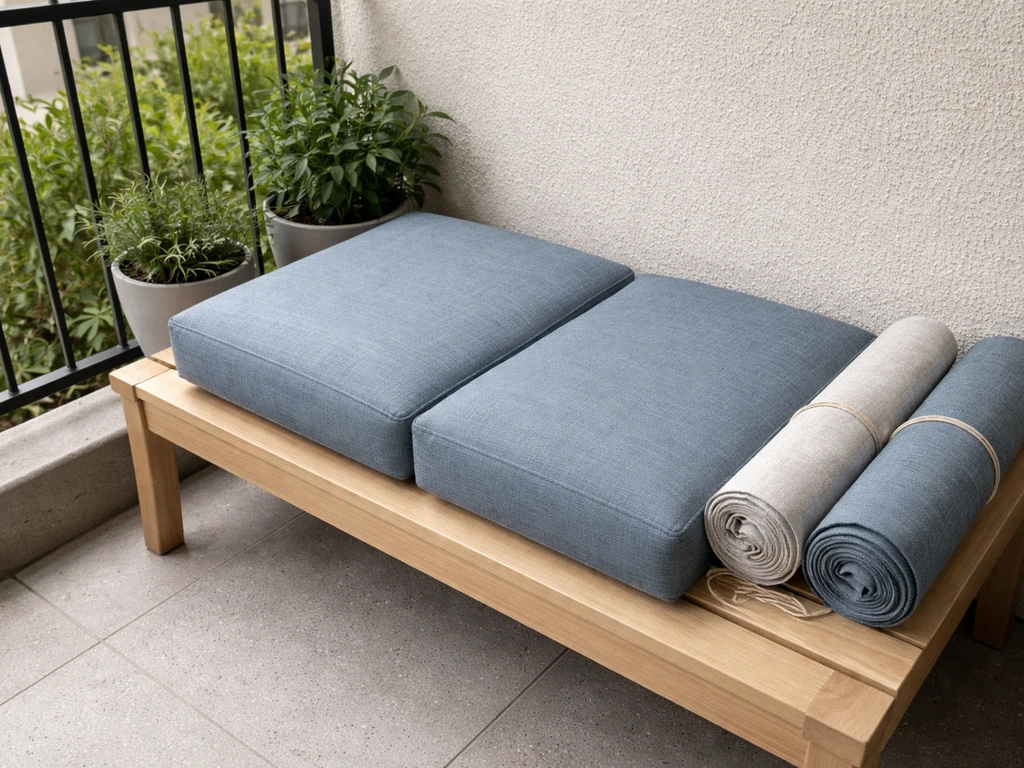 Small balcony bench with two outdoor cushions and fabric rolls/swatches showing upholstery material.