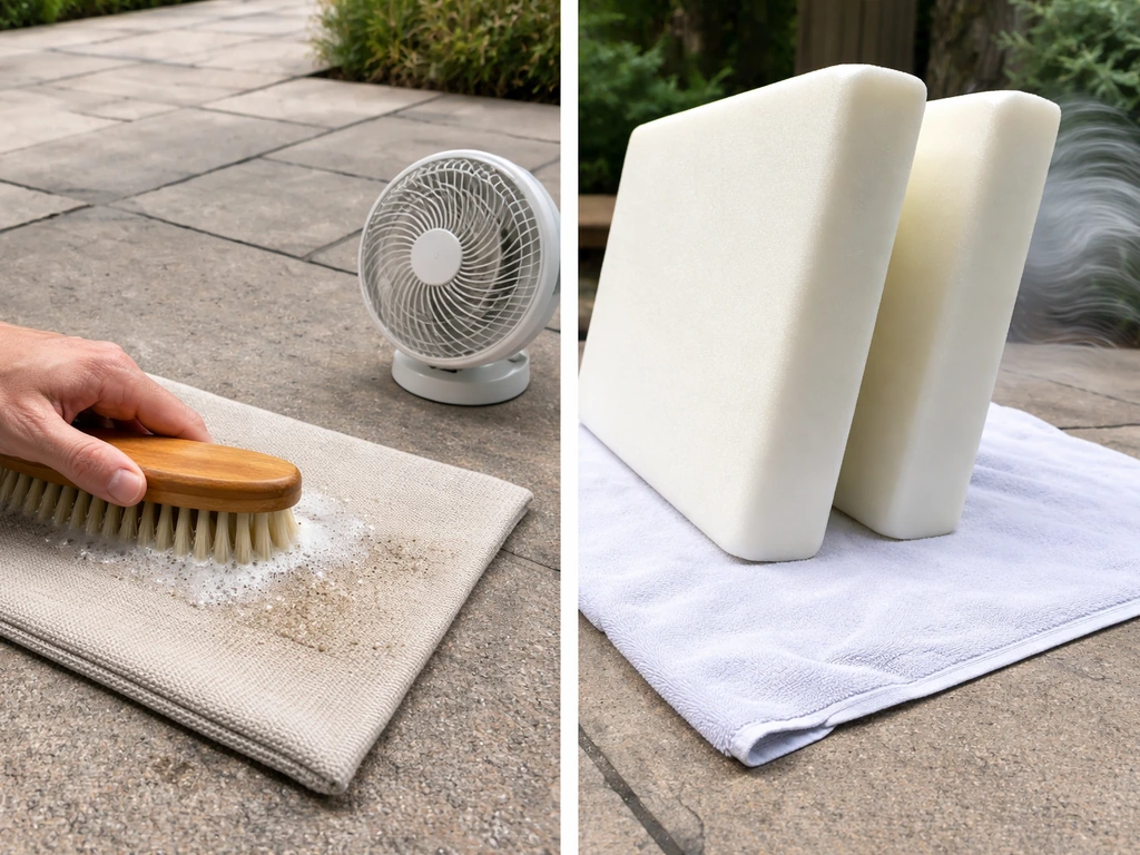 Patio fabric swatch brushed clean while foam cushion inserts air-dry on a towel with gentle airflow.