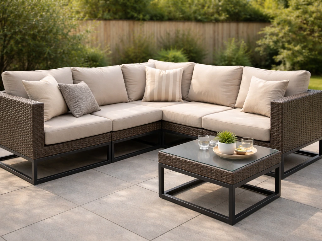 Modular wicker outdoor sectional with cushions and side table on a patio in natural light.