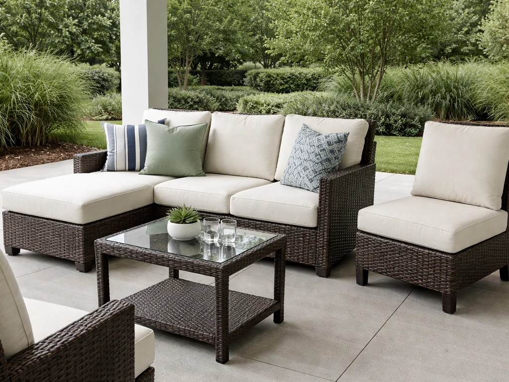 Minimal photo spread of Portofino-style patio furniture pieces: cushions, sofa section, dining table, and chairs outdoor