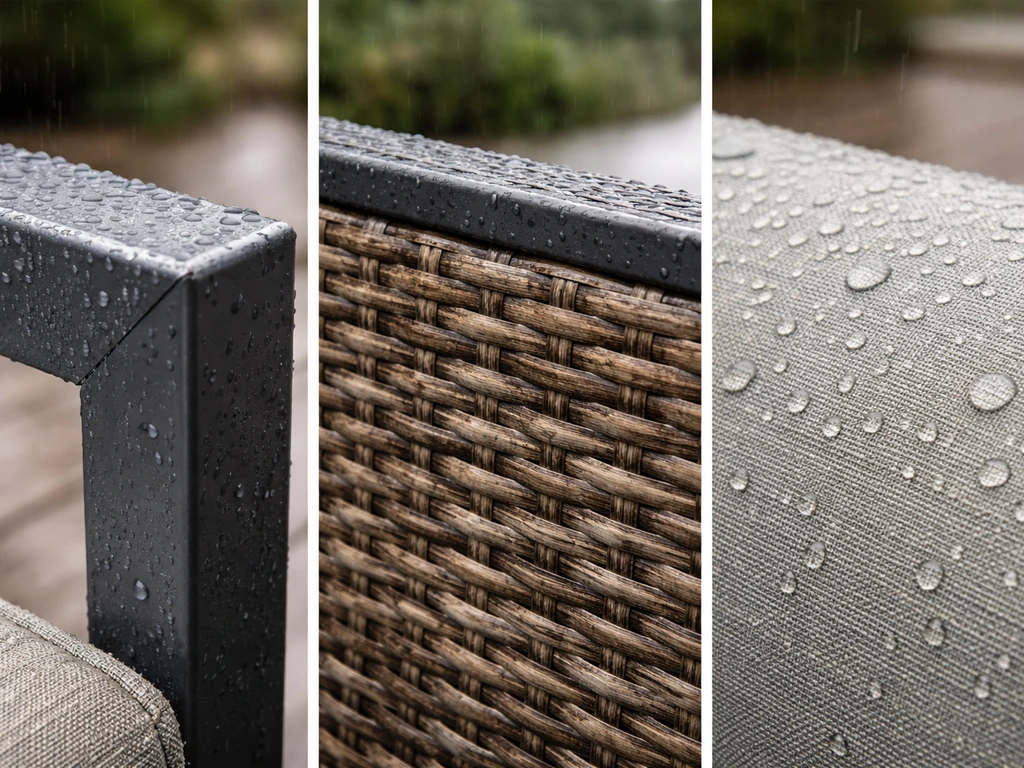 Outdoor close-up showing a powder-coated aluminum frame, resin wicker, and weather-rated cushion fabric in rain.