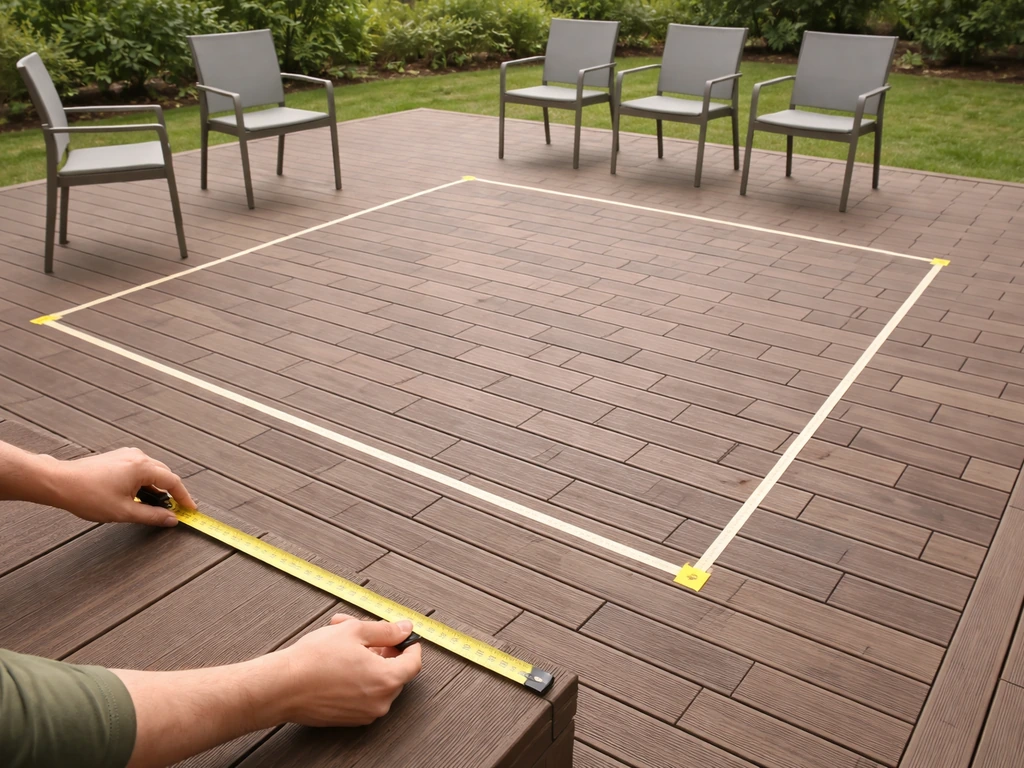 Person measuring a patio deck while tape outlines a 9-piece dining set footprint.