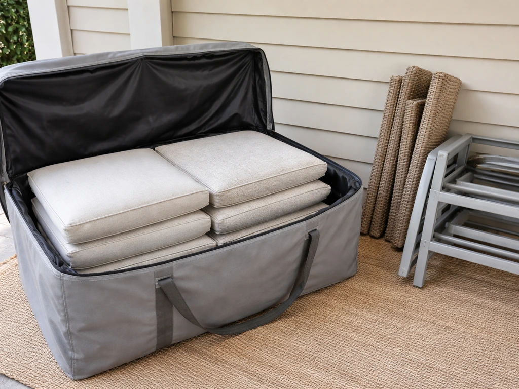 Outdoor cushions neatly stored in a weatherproof bag, with the frame left outside on a porch.